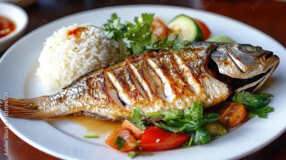 Grilled fish served with rice and fresh vegetables, garnished with herbs on a white plate. Grilled fish served with rice and fresh vegetables, garnished with herbs on a white plate.