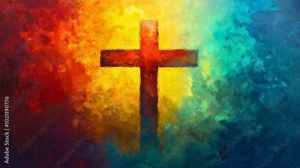 A cross surrounded by various colors, with the cross at the center. The cross is the most recognized Christian symbol, representing Christianity. A cross surrounded by various colors, with the cross at the center. The cross is the most recognized Christian symbol, representing Christianity.