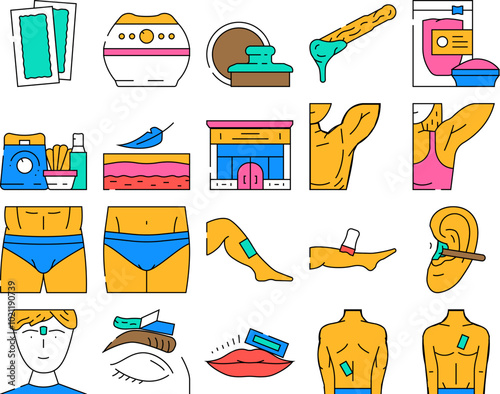waxing wax hair body beauty icons set vector. spa salon, woman beautician, female treatment, depilation remove, leg hot, epilation waxing wax hair body beauty color Contour Illustrations