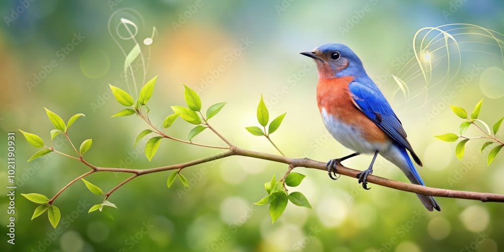 Bluebird perched on branch surrounded by musical notes creating joyful atmosphere Bluebird perched on branch surrounded by musical notes creating joyful atmosphere