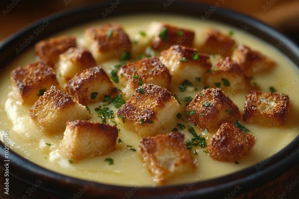 A bowl of rich, creamy soup is garnished with perfectly toasted croutons and fresh herbs. This comforting dish is presented on a rustic wooden table, inviting warmth and satisfaction for any meal. A bowl of rich, creamy soup is garnished with perfectly toasted croutons and fresh herbs. This comforting dish is presented on a rustic wooden table, inviting warmth and satisfaction for any meal.