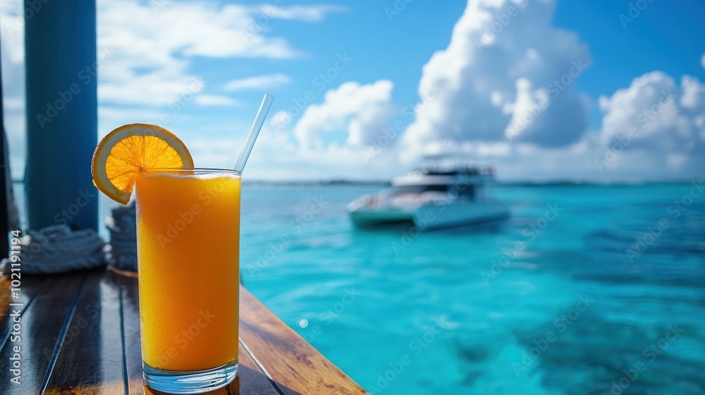 A refreshing orange drink on a table with a boat in the background and clear blue water. A refreshing orange drink on a table with a boat in the background and clear blue water.