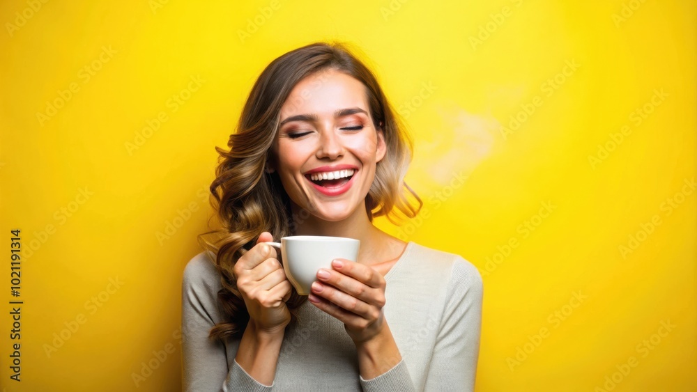 Joyful woman enjoying a steaming cup of coffee in a bright yellow background Joyful woman enjoying a steaming cup of coffee in a bright yellow background
