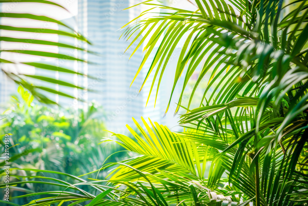 Fototapeta premium Lush tropical palm leaves with vibrant green hues against blurred backdrop of modern skyscrapers. Concept for urban jungle design, biophilic interiors, and integration of nature into cityscapes