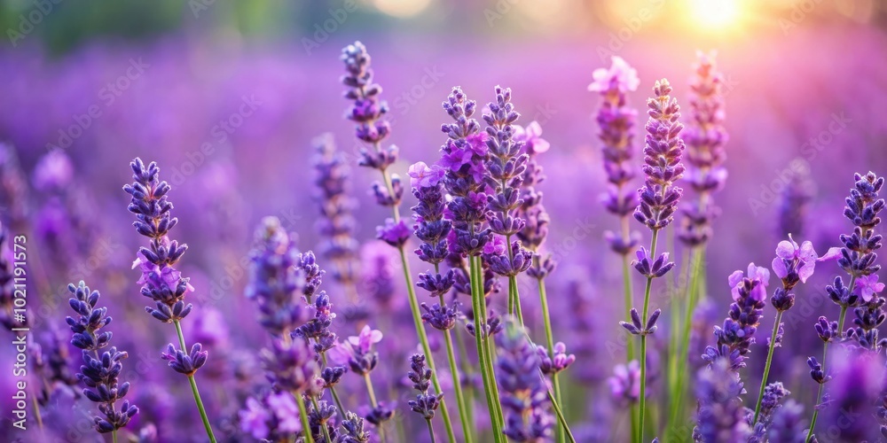 Fototapeta premium Lavender Blooming Closeup of Fragrant Flowers in a Violet Field Swaying on the Wind for Aromatherapy and Relaxation