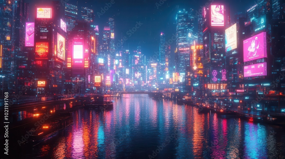 Obraz premium Futuristic cityscape with digital advertisements for fintech apps, neon lights, skyscrapers, urban technology, high detail, cyberpunk style