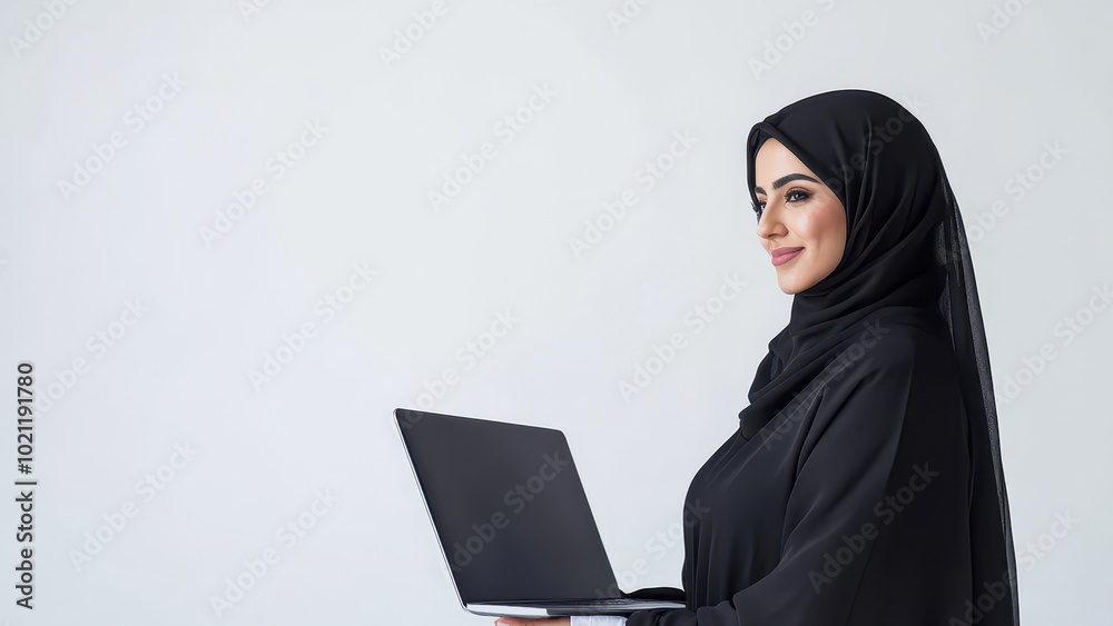 Arabian woman wearing a black abaya holding laptop, copy space