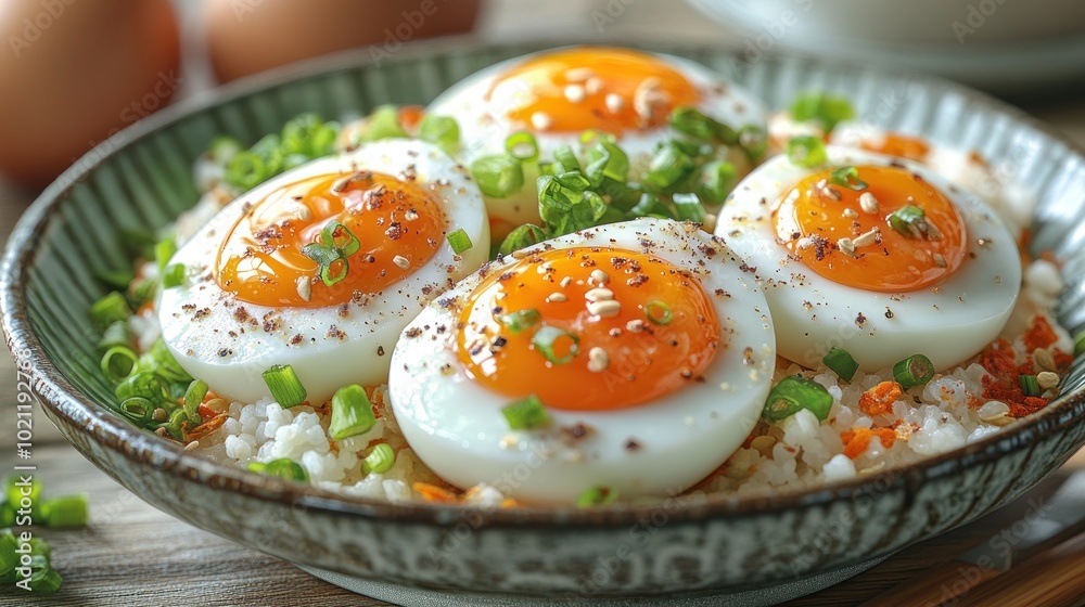 A bowl of rice topped with soft-boiled eggs and green onions. A bowl of rice topped with soft-boiled eggs and green onions.