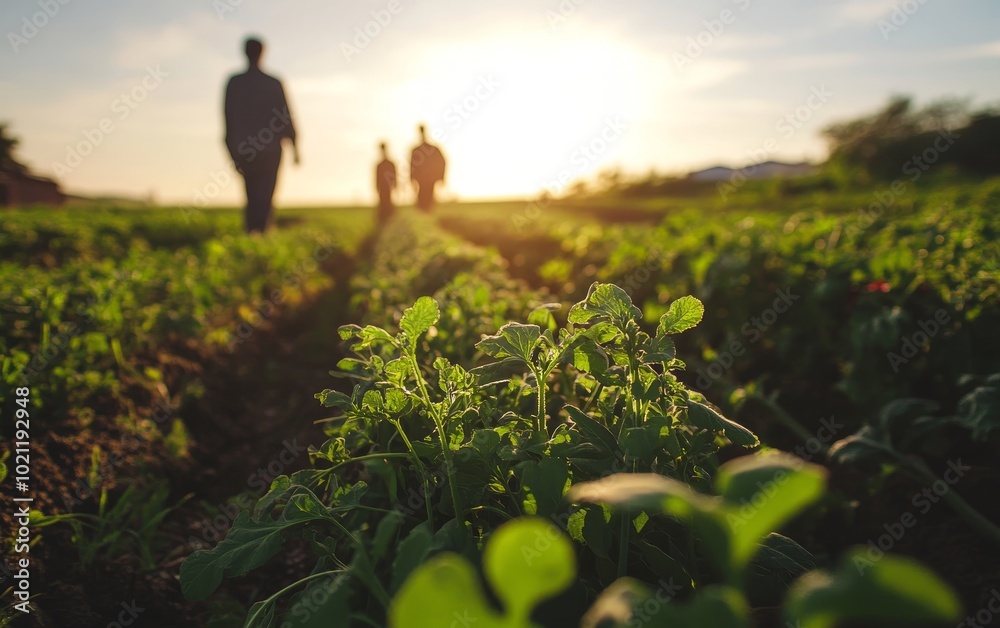 Fototapeta premium A serene sunset scene on a farm, featuring people walking among rows of fresh greenery.
