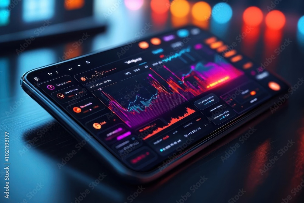 Mobile fintech application interface, real-time financial data, sleek and modern design, Minimalist, Digital art, Bright colors, High Detail Mobile fintech application interface, real-time financial data, sleek and modern design, Minimalist, Digital art, Bright colors, High Detail