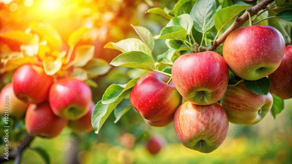 Fresh Ripe Apples Growing on Tree Branch in Summer Orchard Harvest Season Fresh Ripe Apples Growing on Tree Branch in Summer Orchard Harvest Season