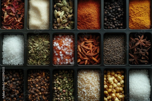 A colorful and diverse collection of spices arranged in a tray