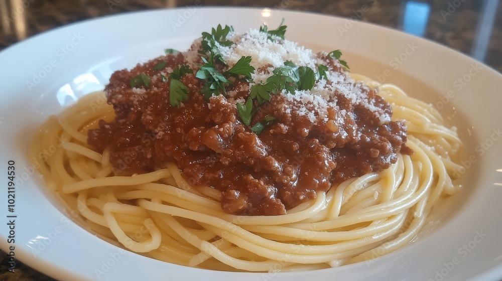Delicious spaghetti topped with savory meat sauce and garnished with fresh parsley and Parmesan cheese. Delicious spaghetti topped with savory meat sauce and garnished with fresh parsley and Parmesan cheese.