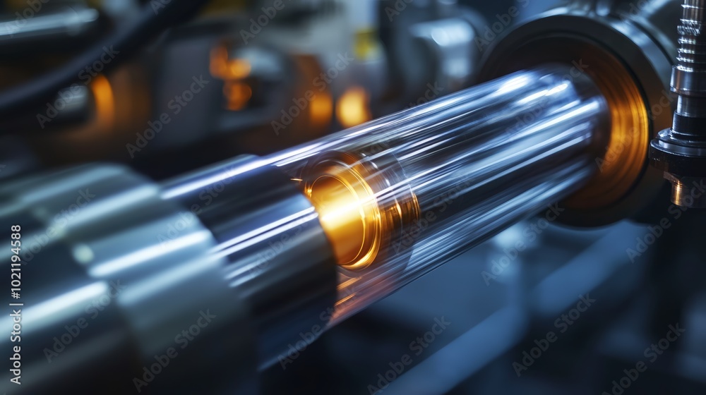 Closeup of a Tube Extrusion Process in a Manufacturing Facility, Showing a Glowing Hot Tube Emerging from the Extrusion Die Closeup of a Tube Extrusion Process in a Manufacturing Facility, Showing a Glowing Hot Tube Emerging from the Extrusion Die