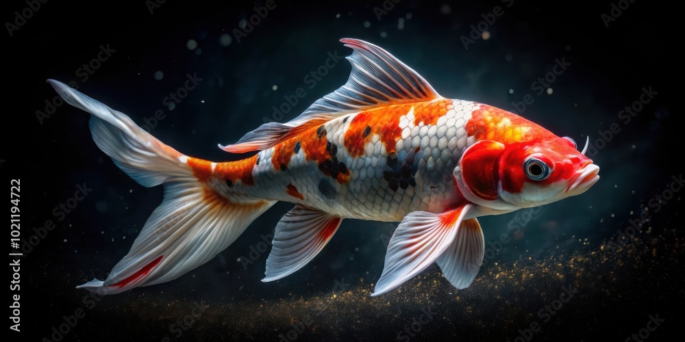 Majestic koi fish with vibrant red spots and dynamic fins in dark aquatic setting Majestic koi fish with vibrant red spots and dynamic fins in dark aquatic setting