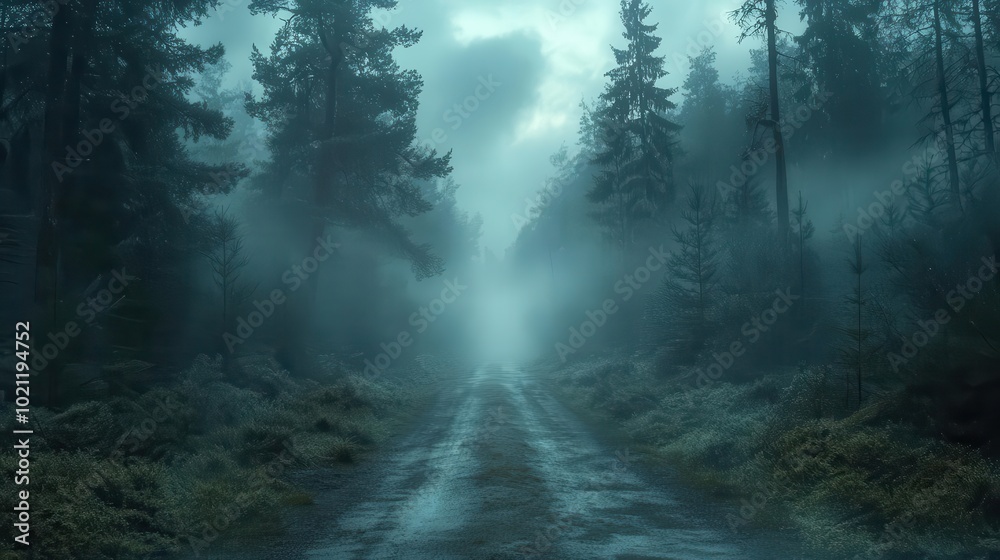 Road through foggy pine forest, headlights piercing the mist, mysterious and ethereal Road through foggy pine forest, headlights piercing the mist, mysterious and ethereal