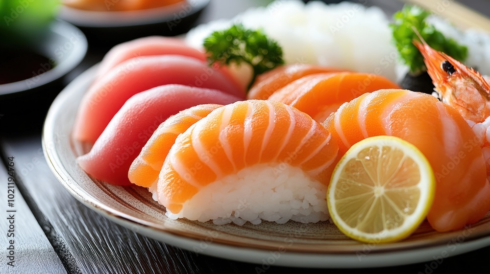 Close-up of fresh sushi platter featuring salmon and tuna sashimi with a slice of lemon on a wooden table. Close-up of fresh sushi platter featuring salmon and tuna sashimi with a slice of lemon on a wooden table.
