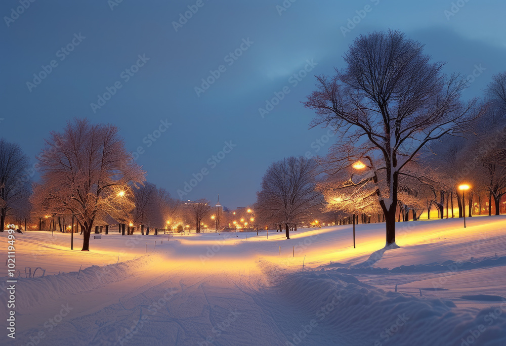 Winter Wonderland at Dawn with Sunlight. Snow-Covered Trees in Winter Sunrise. Frosty Landscape with Morning Sun Winter Wonderland at Dawn with Sunlight. Snow-Covered Trees in Winter Sunrise. Frosty Landscape with Morning Sun