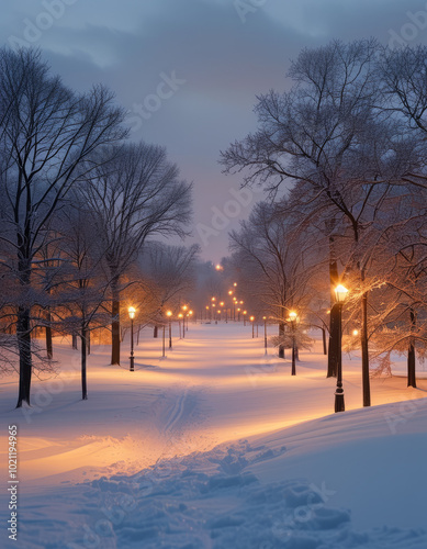 Winter Wonderland at Dawn with Sunlight. Snow-Covered Trees in Winter Sunrise. Frosty Landscape with Morning Sun