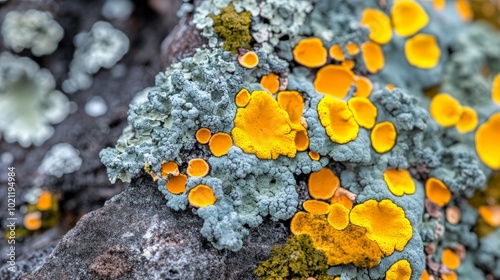 Closeup of Bright Yellow Lichen Growing on a Stone