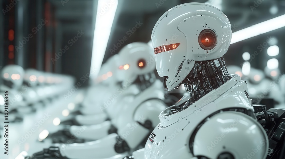 Fototapeta premium Smart factory with robotic workers, representing automated manufacturing