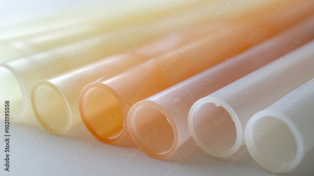 Close-up of Lightweight Plastic Tubes in Gradual Tones of Orange, Yellow, and White, Emphasizing Smooth Textures and Translucent Properties Close-up of Lightweight Plastic Tubes in Gradual Tones of Orange, Yellow, and White, Emphasizing Smooth Textures and Translucent Properties