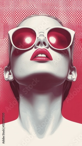 A woman confidently poses with her head tilted back, showcasing striking red sunglasses and lipstick. photo