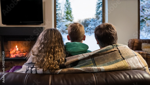 A family sharing a blanket by the fireplace on the couch watching the snow outside on a snow day