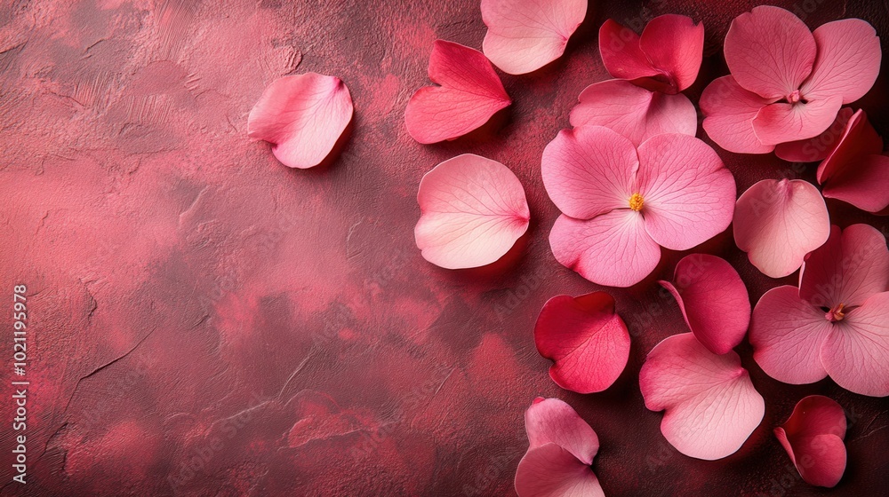 Obraz premium Soft pink flower petals are artfully arranged on a textured reddish background, creating a serene and elegant atmosphere. This composition highlights the intricate details of the petals, celebrating t