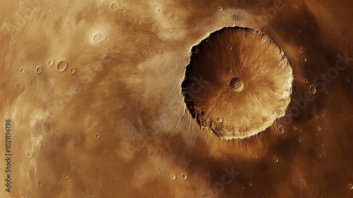 A stunning aerial view of Olympus Mons on Mars, showcasing its massive crater and rugged terrain in rich brown hues.