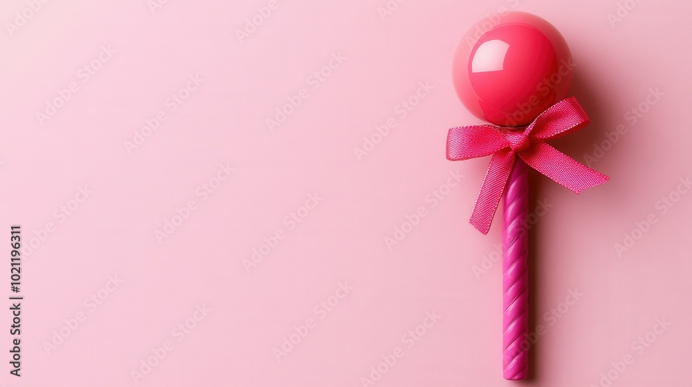 A vibrant pink lollipop is resting against a soft pink background, featuring a glossy surface and a charming bow at its base. This delightful treat adds a playful touch to any sweet-themed setting or A vibrant pink lollipop is resting against a soft pink background, featuring a glossy surface and a charming bow at its base. This delightful treat adds a playful touch to any sweet-themed setting or