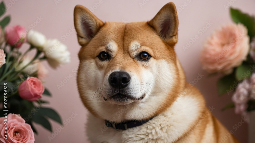 Shiba Inu dog posing elegantly with pink roses in stylish, serene home setting, exuding calm grace. Shiba Inu dog posing elegantly with pink roses in stylish, serene home setting, exuding calm grace.