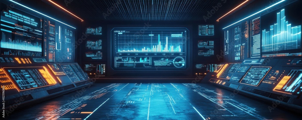 Virtual reality interface displaying financial data in a futuristic office, fintech solutions, blue and white neon lights, high detail, cyberpunk style Virtual reality interface displaying financial data in a futuristic office, fintech solutions, blue and white neon lights, high detail, cyberpunk style