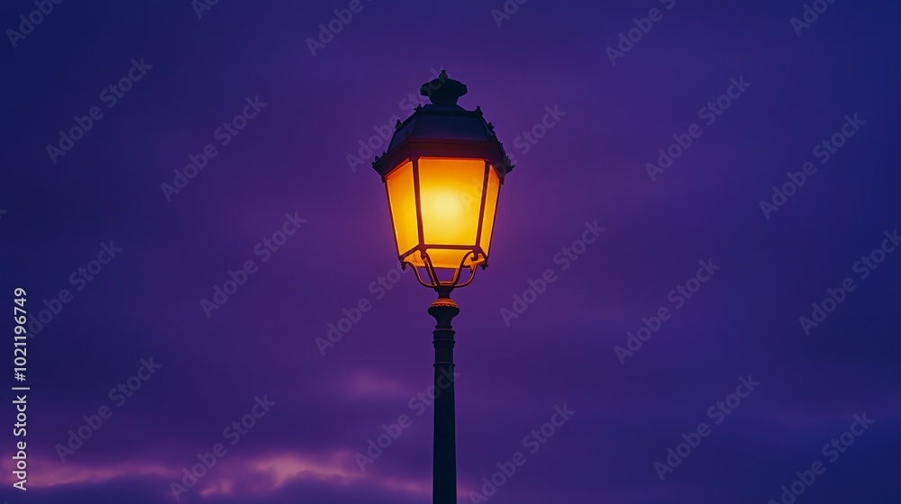 A single, illuminated street lamp stands tall against a purple twilight sky. A single, illuminated street lamp stands tall against a purple twilight sky.