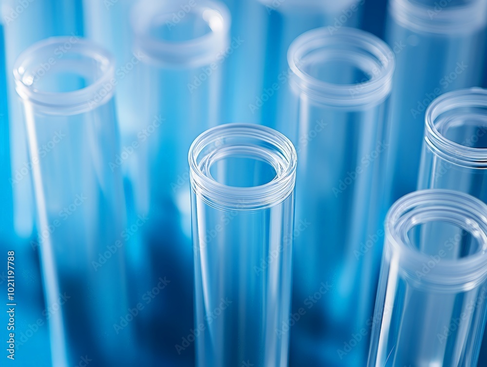 Close-up View of Transparent Test Tubes Against a Blue Background, Emphasizing Cleanliness and Laboratory Precision. Close-up View of Transparent Test Tubes Against a Blue Background, Emphasizing Cleanliness and Laboratory Precision.