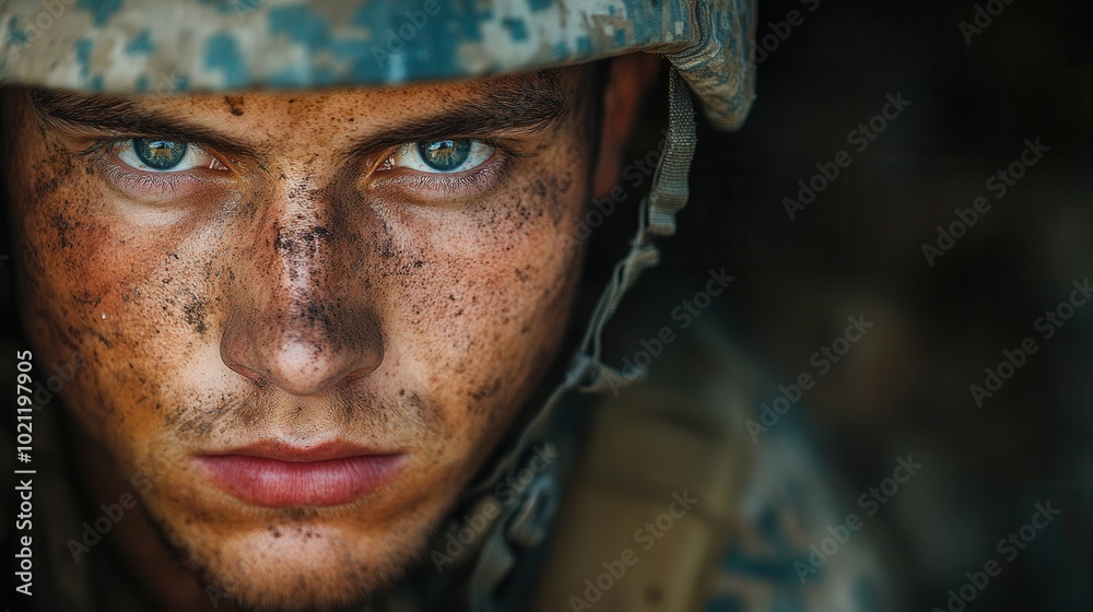 A determined young soldier stares intensely at the camera, his face marked with dirt and grime from extensive training in the field. The focus in his blue eyes reflects commitment and strength in chal A determined young soldier stares intensely at the camera, his face marked with dirt and grime from extensive training in the field. The focus in his blue eyes reflects commitment and strength in chal