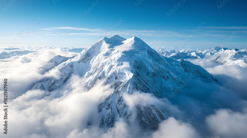 Fototapeta premium 冬季山顶有白色积雪的雪山山巅