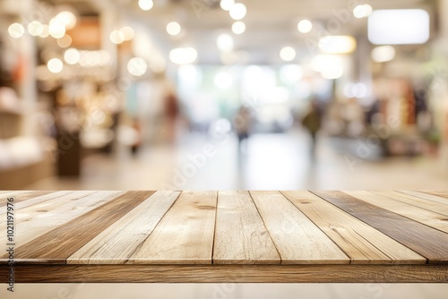 A wooden table in a store with blurred lights in the background