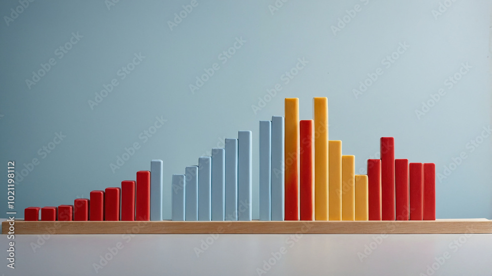 Fototapeta premium Colorful bar graph with red, blue, and yellow segments on a wooden base against a light blue background.