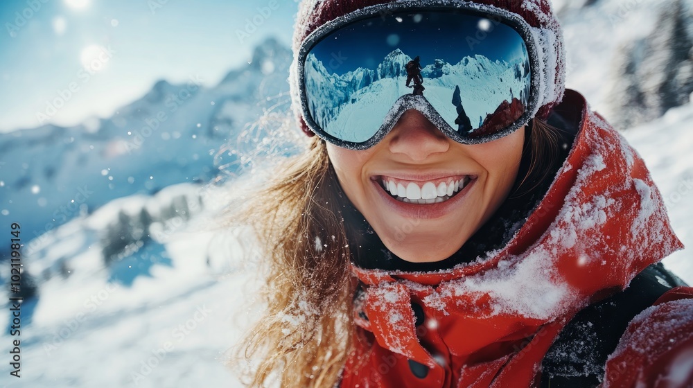 A smiling woman wearing ski goggles and a red jacket looks directly at the camera while enjoying the snowy mountain scenery on a bright winter day. A smiling woman wearing ski goggles and a red jacket looks directly at the camera while enjoying the snowy mountain scenery on a bright winter day.