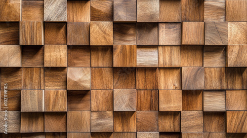 Beautiful exposed wooden wall exterior, patchwork of raw wood forming a beautiful parquet wood, Wood background banner panorama long - Brown wooden acoustic panels wall texture.