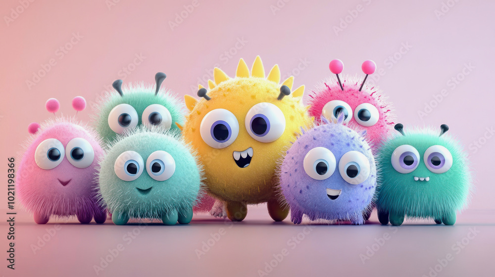A playful group of friendly, animated viruses displaying various colors and expressions in a cheerful setting A playful group of friendly, animated viruses displaying various colors and expressions in a cheerful setting