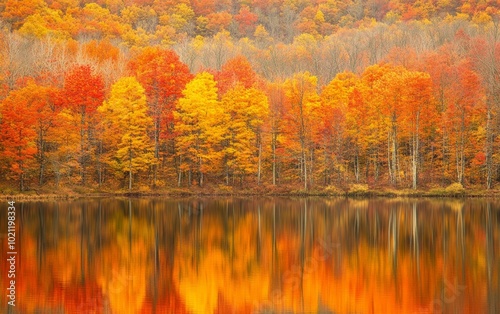 A serene autumn landscape featuring vibrant trees reflecting in a calm lake, showcasing the beauty of nature's seasonal change.