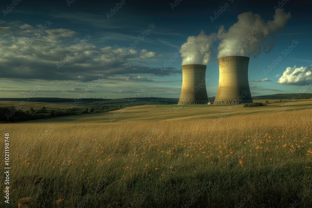 Two industrial cooling towers standing amidst a field of tall grass, with a natural and industrial contrast Two industrial cooling towers standing amidst a field of tall grass, with a natural and industrial contrast