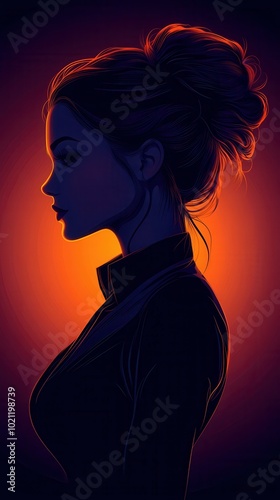 The profile of a woman is highlighted by a striking orange glow, creating a captivating silhouette. The soft lighting accentuates her features, adding a sense of mystery and depth to the intriguing co