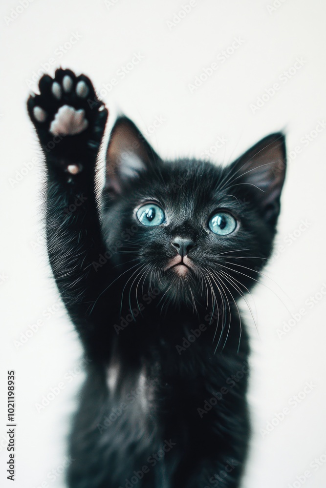A close-up of a black cat with bright blue eyes and paws raised, suitable for various themes such as mysticism, spirituality or animal-related designs A close-up of a black cat with bright blue eyes and paws raised, suitable for various themes such as mysticism, spirituality or animal-related designs