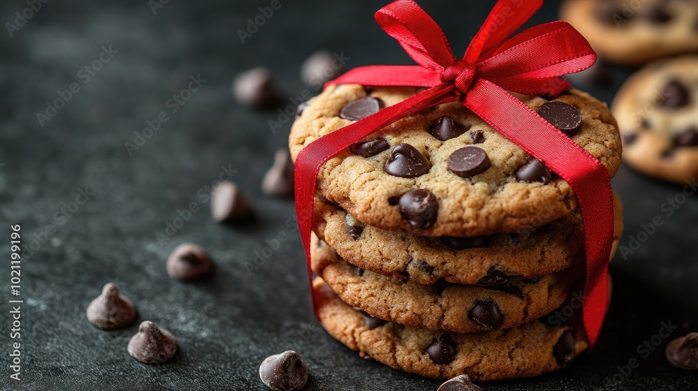Chocolate chip cookies tied with a red ribbon. This image is perfect for a bakery, cafe, or a food blog, showcasing delicious treats for a special occasion. Chocolate chip cookies tied with a red ribbon. This image is perfect for a bakery, cafe, or a food blog, showcasing delicious treats for a special occasion.