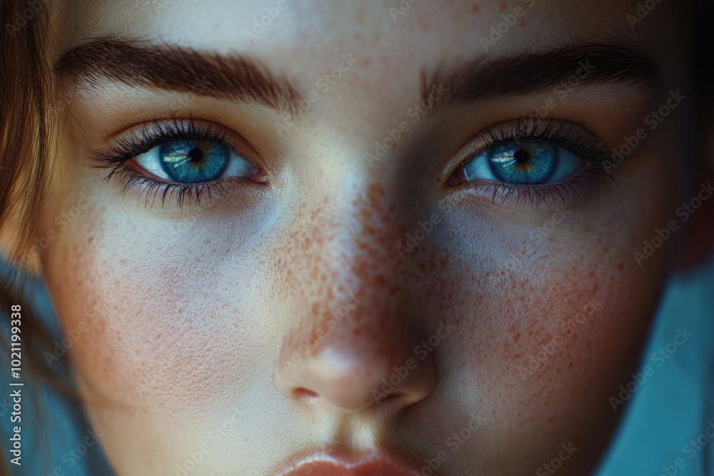 Close-up portrait of a woman with distinctive freckles, ideal for beauty or lifestyle themes Close-up portrait of a woman with distinctive freckles, ideal for beauty or lifestyle themes