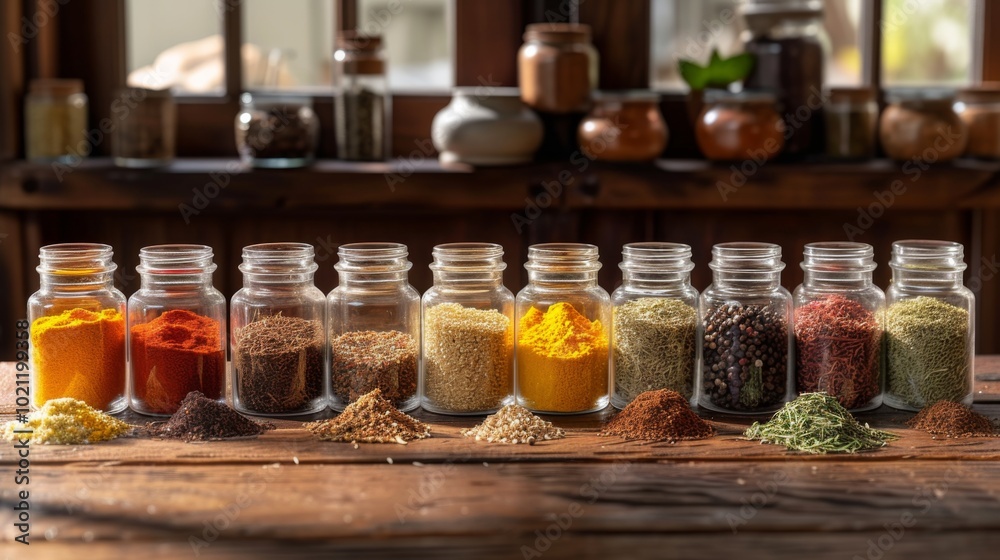 Assortment of Spices in Glass Jars on Wooden Table Assortment of Spices in Glass Jars on Wooden Table