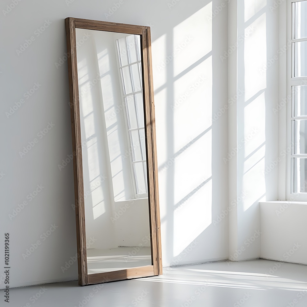 A tall mirror with a wooden frame reflecting light in a bright room. A tall mirror with a wooden frame reflecting light in a bright room.